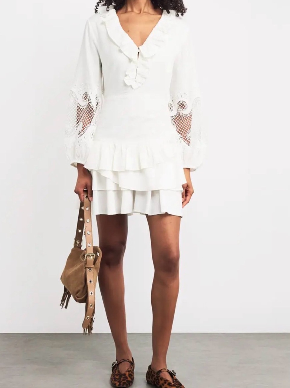 Maje White Ruffle V-Neck Mini Dress with Lace Insets